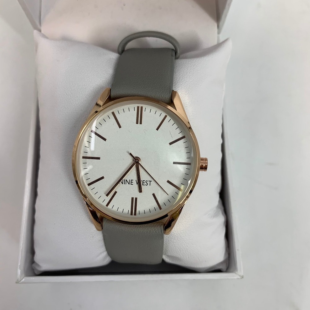 Nine West Women's Watch, Gold Case, White Face,‎ Gray Band, Analog Timepiece